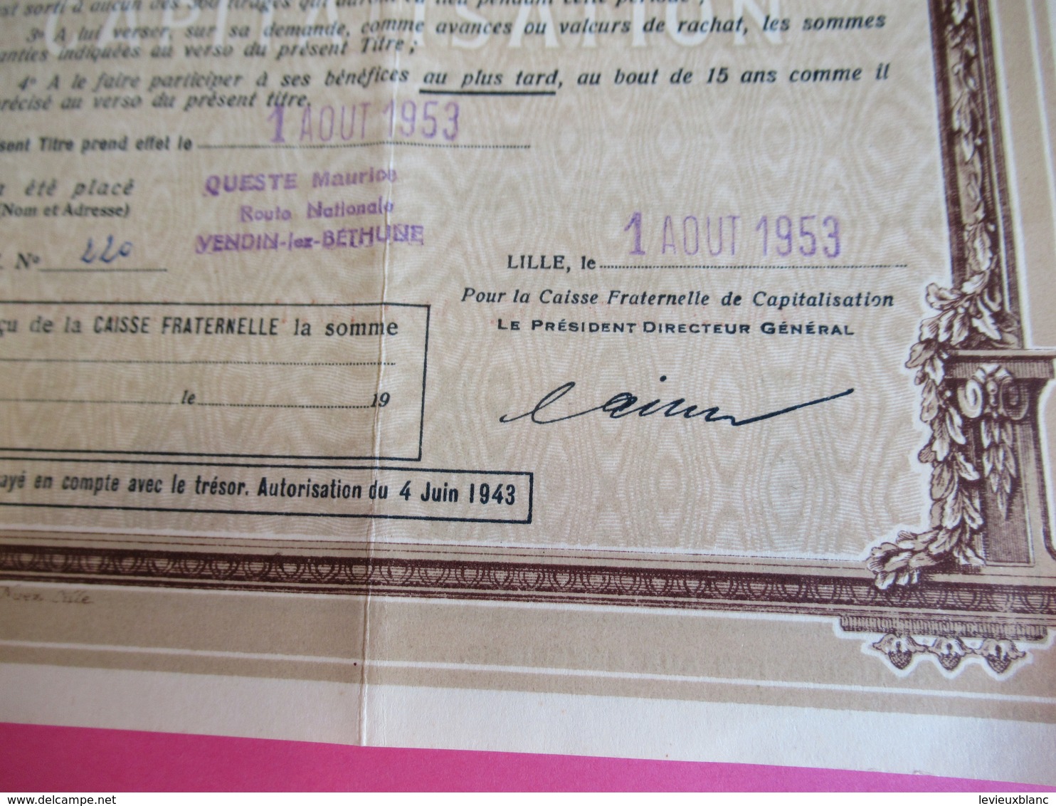 Caisse Fraternelle De Capitalisation/ Titre épargne Au Porteur Entièrement Libéré/ LILLE/ 1953         ACT237 - Bank & Versicherung