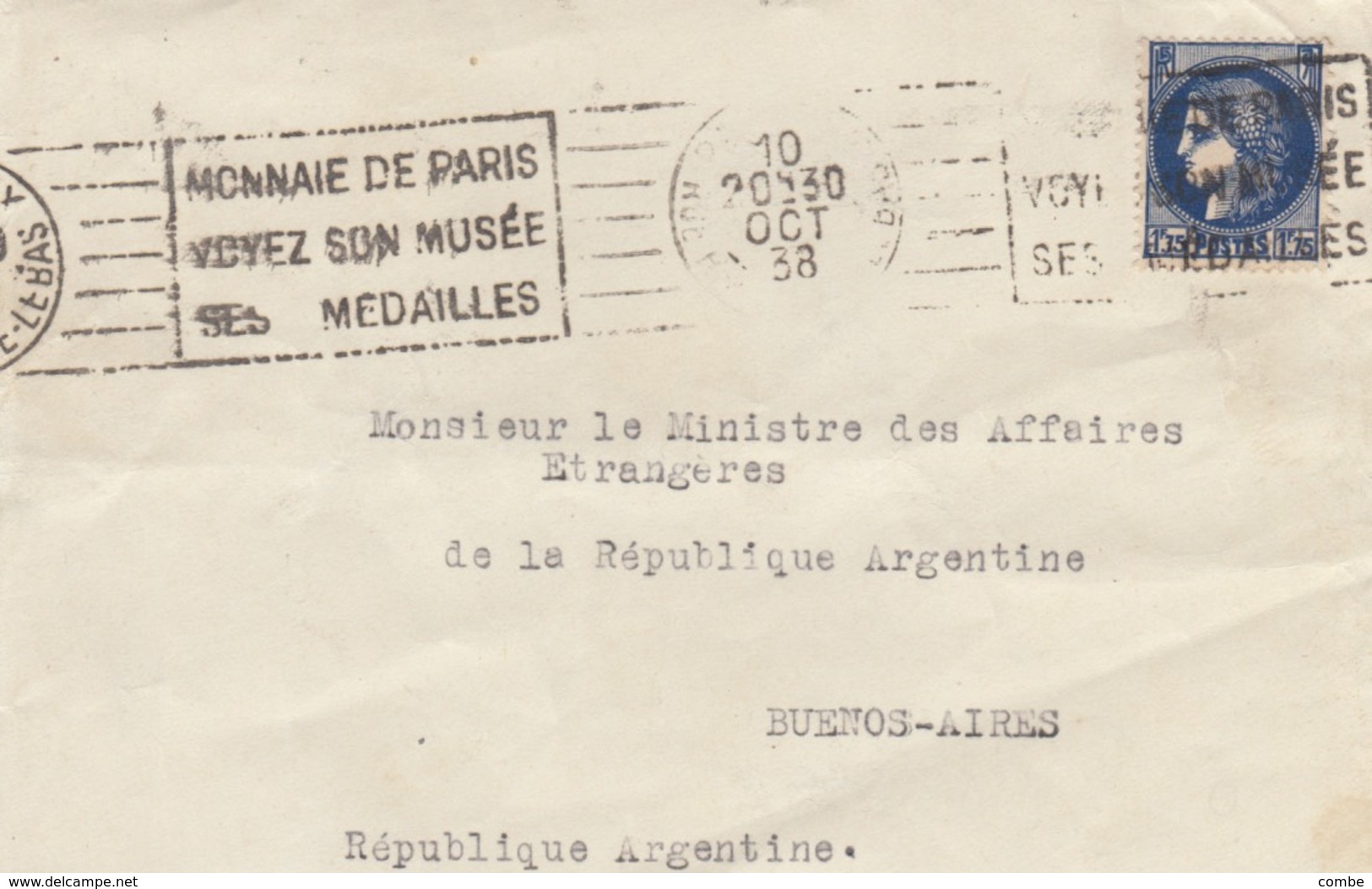 FRANCE.  LETTRE DEVANT POUR L'ARGENTINE. 1,75F. 1938. PARIS - 1921-1960: Moderne