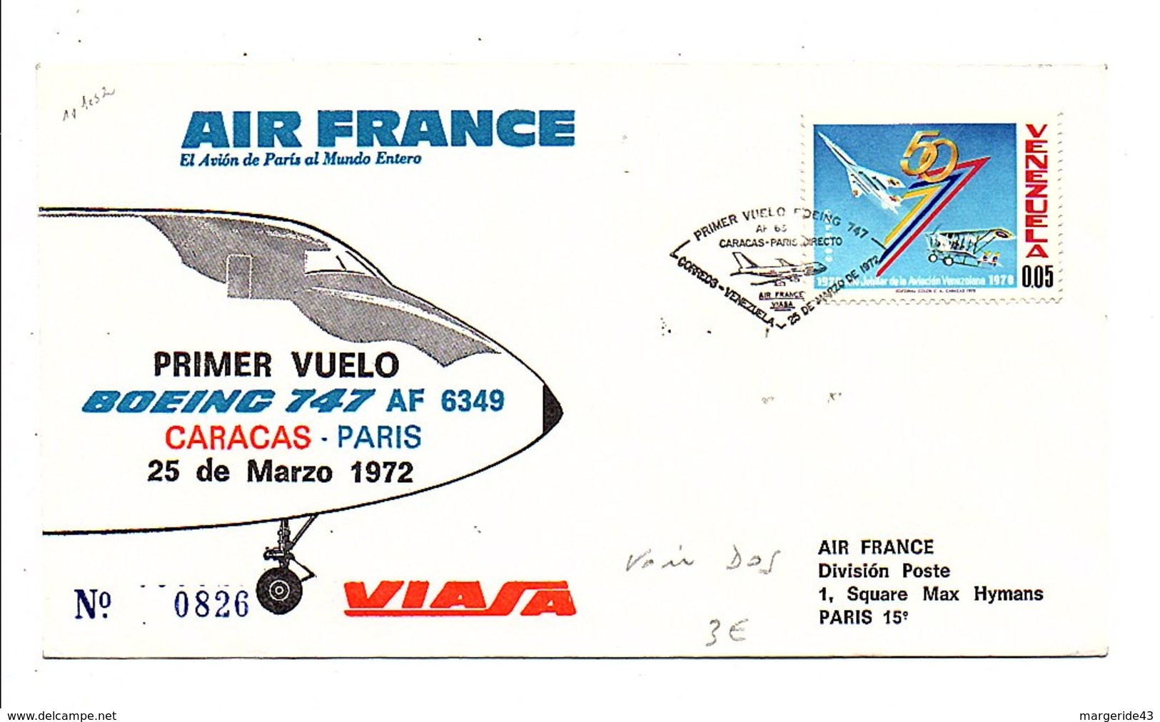 1 ER VOL BOEING 747 AIR FRANCE CARACAS-PARIS 1972 - Avions