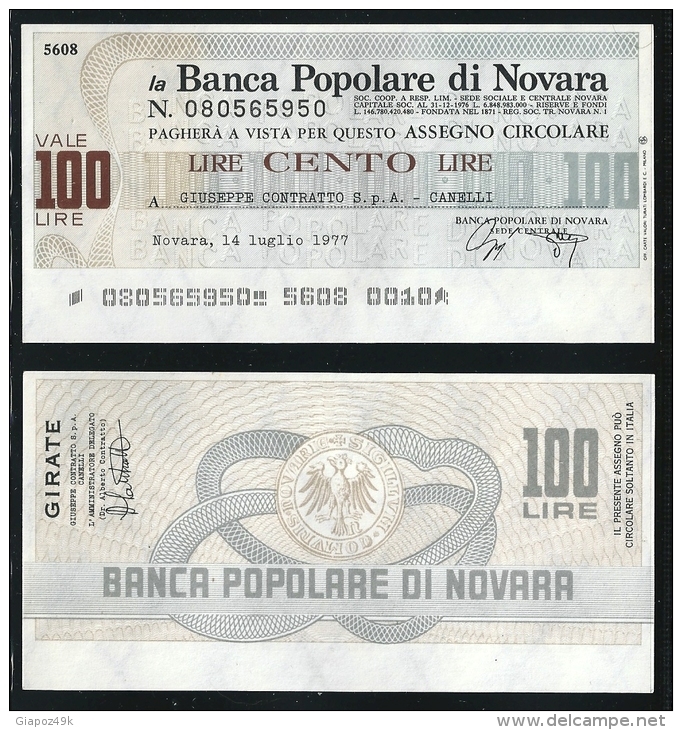 ITALIA 1977 - Mini Assegno - Banca Popolare Di Novara -  N.°  37 (b) - L. 100 - FDS - [10] Assegni E Miniassegni