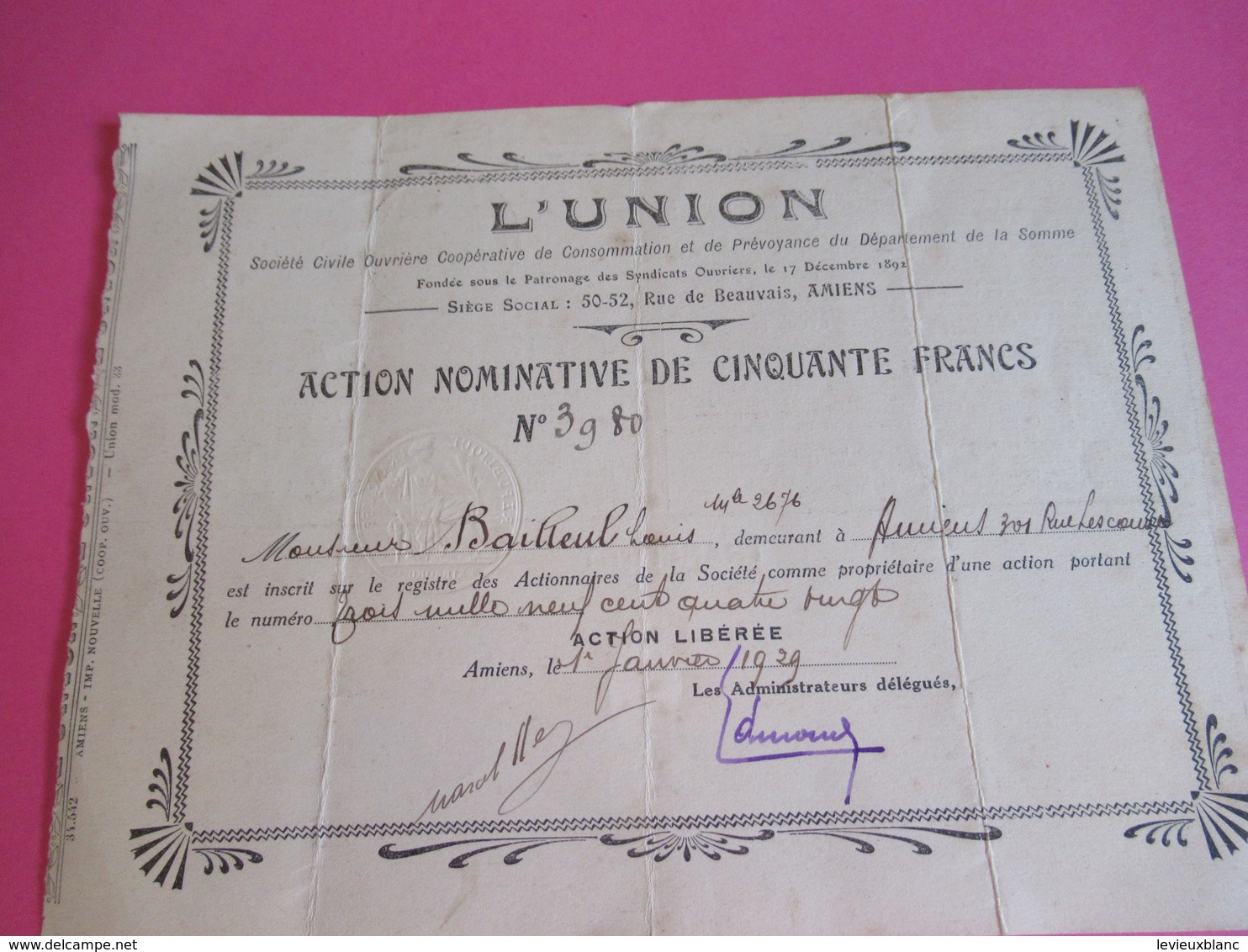 Action Nominative De 50 Francs/L'UNION/ Soc Civ Ouvrière Coopérative/AMIENS/Département De La Somme/ 1929        ACT238 - Banque & Assurance