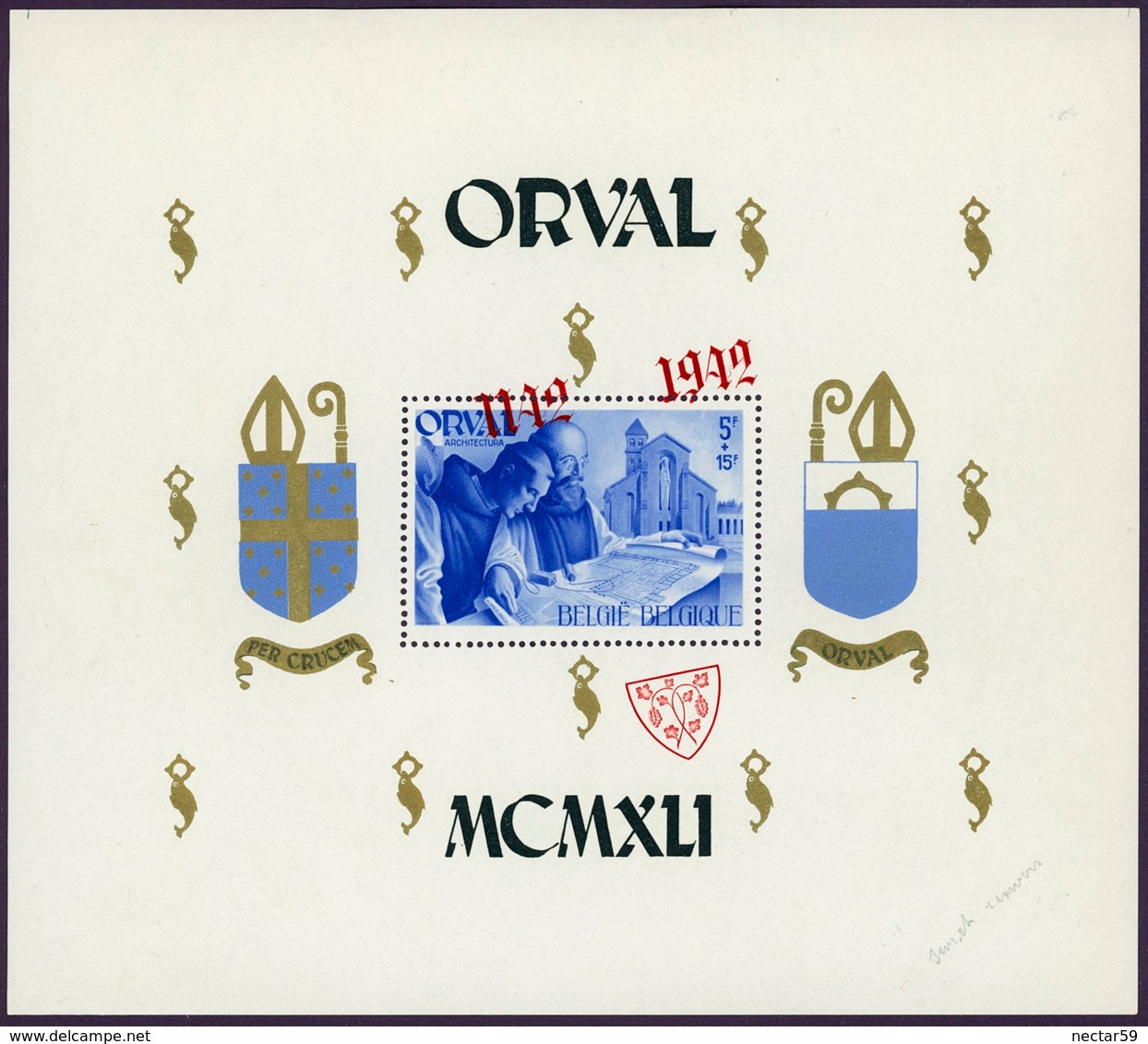 Belgie Belgique 1942 - Bloc Orval 20A Avec Surcharge Rouge De Travers NEUF Charnières - 1924-1960