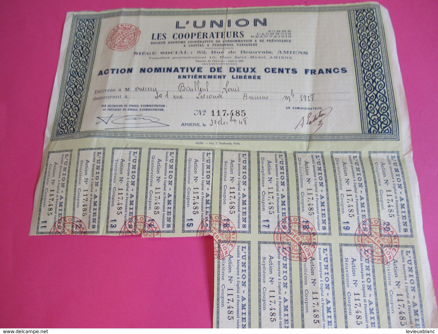 Action Nominative 200 Francs Libérée/L'UNION Coopérateurs/Soc Civ Ouv Coop/AMIENS/Somme-Laonnois-Beauvaisis/1948 ACT239 - Bank & Versicherung