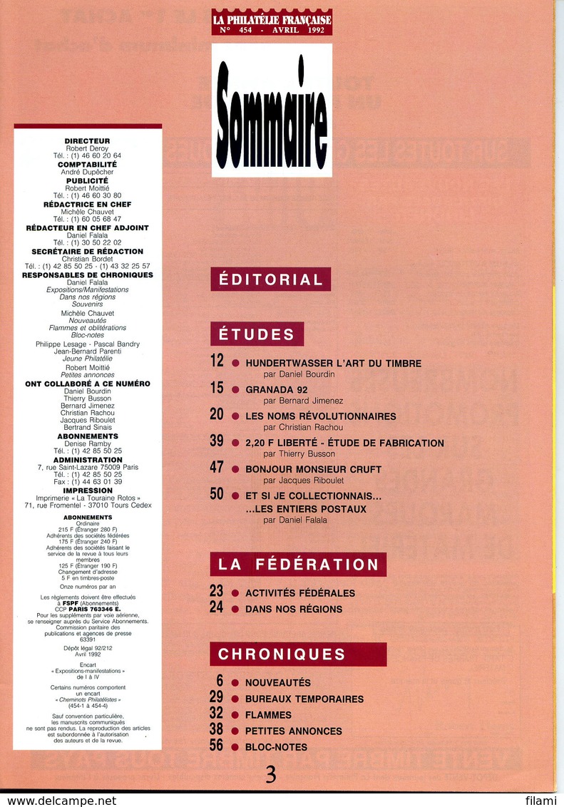 La Philatelie Française N.454,Hundertwasser,l'Alhambra,les Noms Révolutionnaires,Liberté Gandon 2.20 étude,entiers Posta - Französisch (ab 1941)