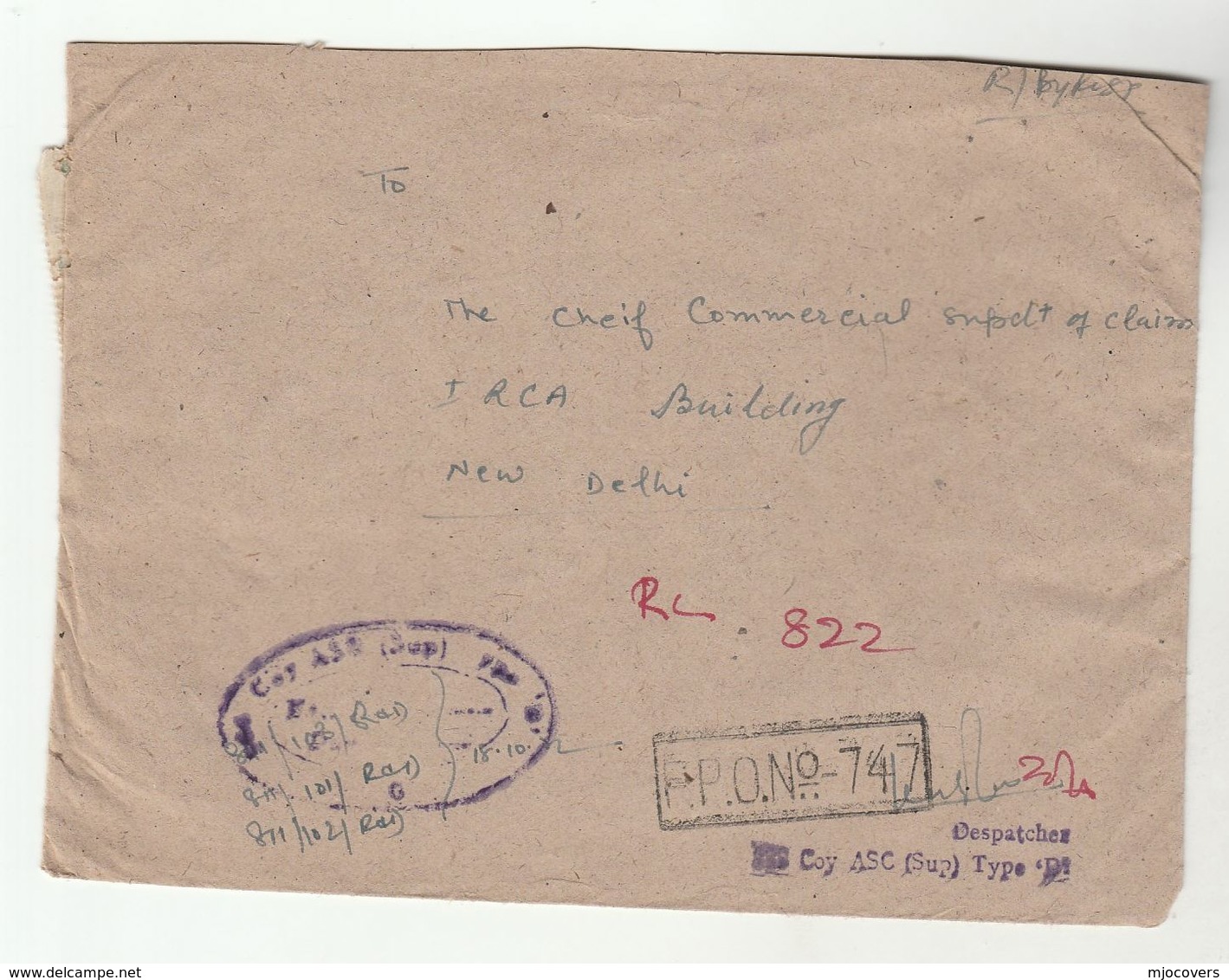 1972 Registered FPO 747 Cover COY ASC SUP TYPE D1 INDIA Military Forces Stamps - Covers & Documents