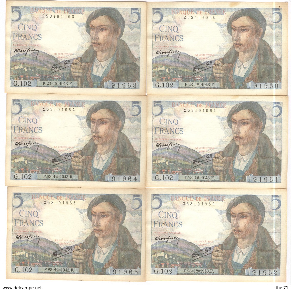 Lot De 6 Billets 5 Francs Berger 23-12-1943 Numéros Consécutifs TTB+ - 5 F 1943-1947 ''Berger''