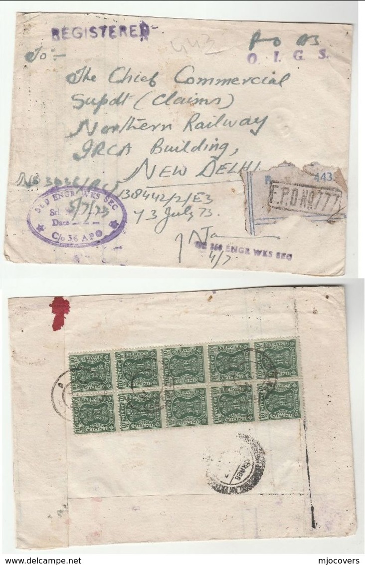 1973 Registered FPO 777 Cover 360 ENGR WKS SEC INDIA   To NORTHERN RAILWAY Military Forces Engineers Stamps Train - Militares