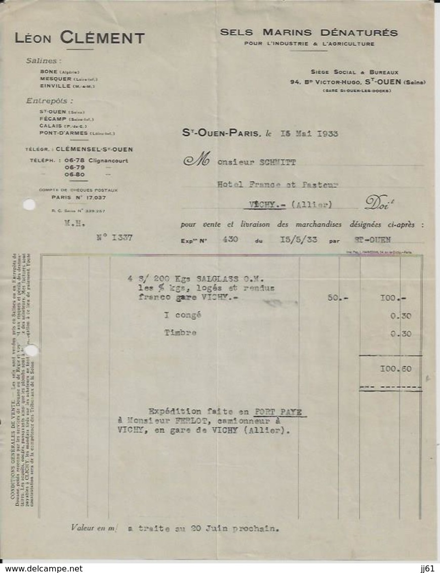 SAINT OUEN PARIS LEON CLEMENT SELS MARINS DENATURES SALINES A BONE MESQUER EINVILLE PONT D ARMES ANNEE 1933 - Autres & Non Classés