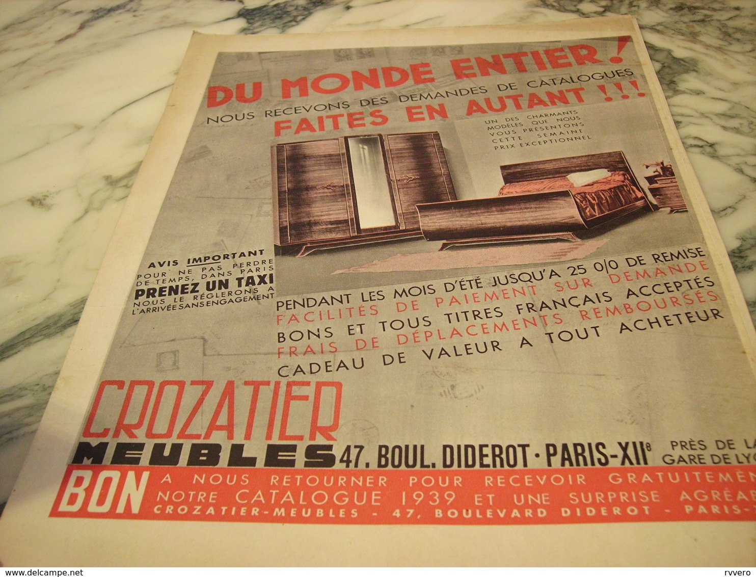 ANCIENNE PUBLICITE MEUBLE CROZATIER 1939 - Autres & Non Classés