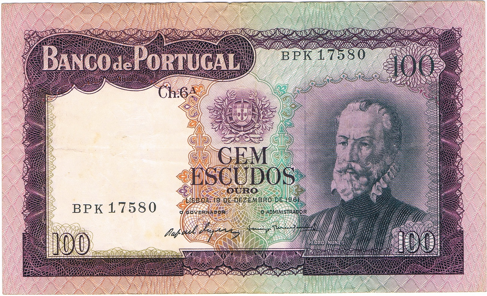 PORTUGAL- 100$00 CH. 6 A - 19-12-1961. - Portogallo