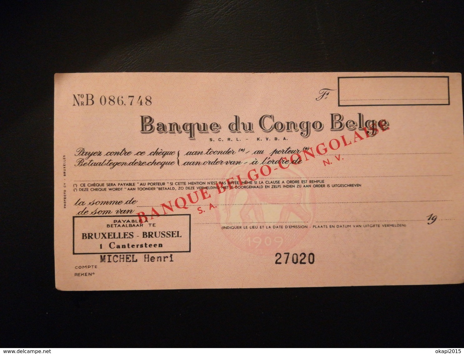 Banque Du Congo Belge Chèque Avec Surcharge Banque Belgo - Congolaise  Janvier 1960 - Historical Documents