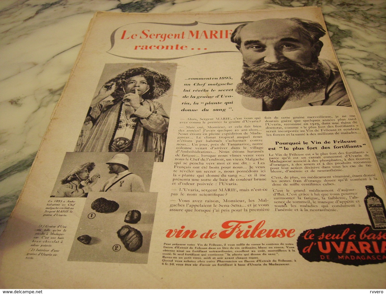 ANCIENNE PUBLICITE SERGENT MARIE ET LE VIN DE FRILEUSE 1939 - Alcohols