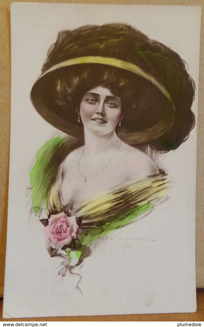 Cpa FEMME GRAND CHAPEAU , Robe Décolletée , Rose 1911 ; Illustrateur CECIL W QUINNELL, Pretty WOMAN LARGE HAT A/s - Femmes