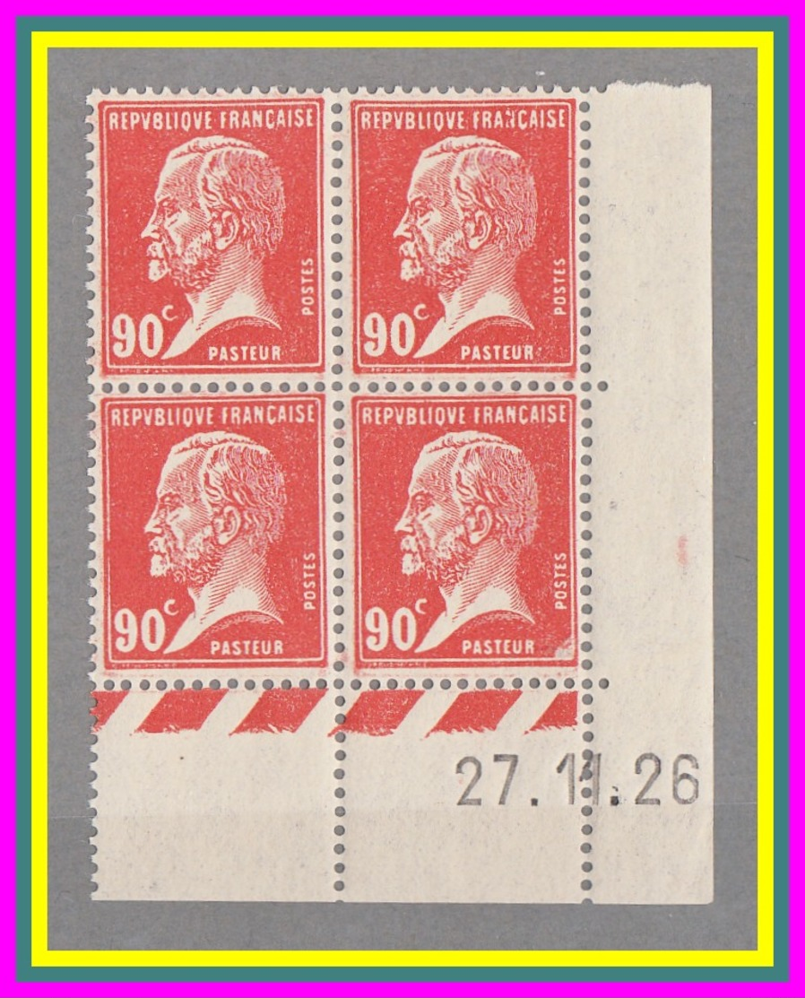 178** Pasteur - Neuf 90c Rouge - Bloc De 4 TP - Coin Daté 27.11.26 - Cote 120 € - ....-1929