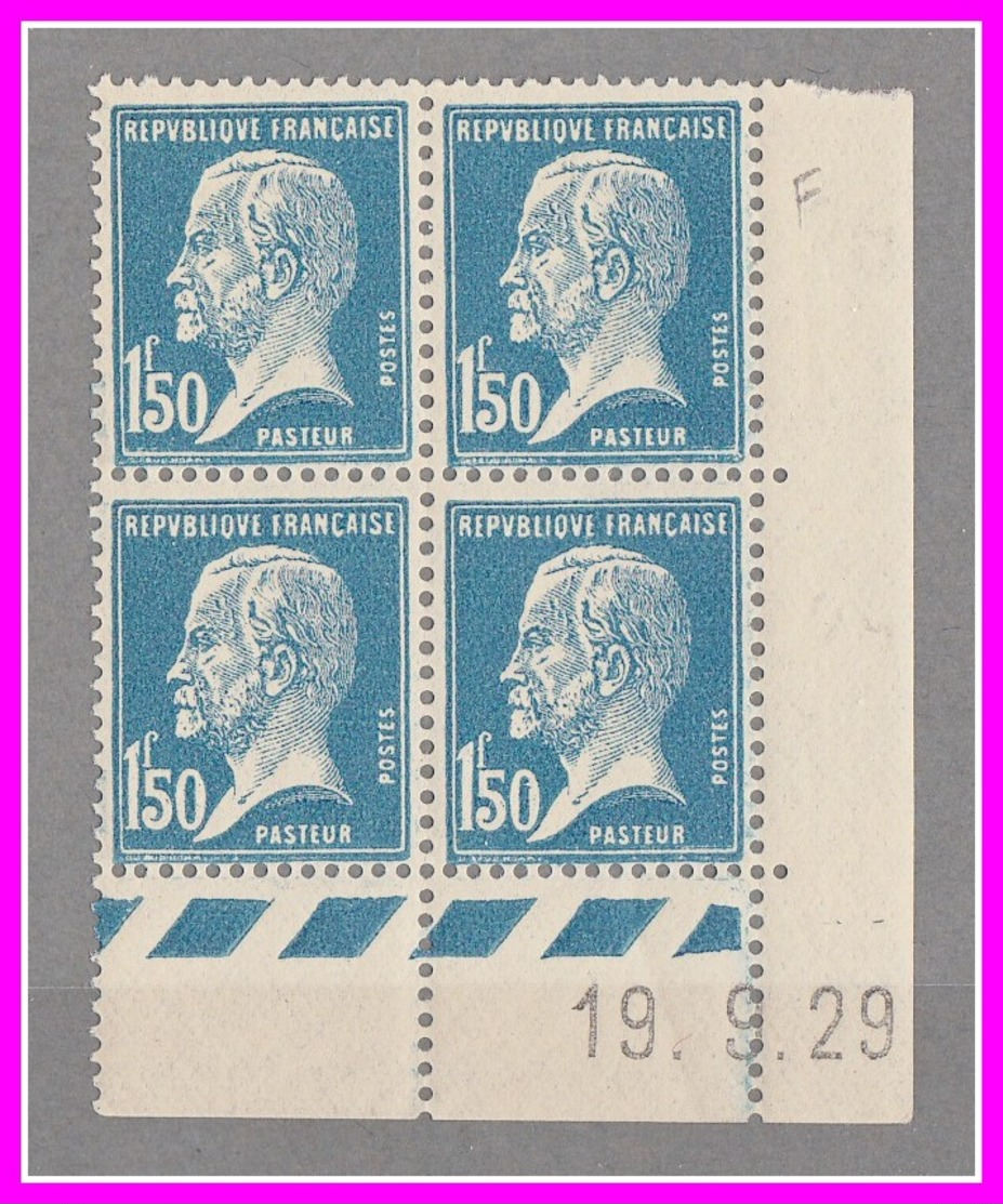 181** Pasteur - Neuf 1.50 F Bleu - Bloc De 4 TP - Coin Daté 19.9.29- Cote 100 € - ....-1929