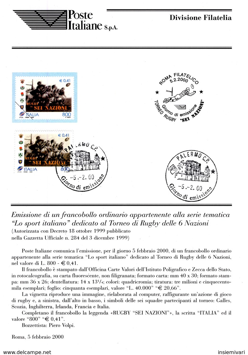 Italia 2000 BOLLETTINO ILLUSTRATIVO N.04 TORNEO SEI NAZIONI.CON FRANCOBOLLO ANNULLO FDC. - Other & Unclassified