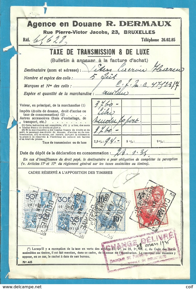Fiscale Zegels 50 Fr + 10 Fr..TP Fiscaux / Op Dokument Douane En 1935 Taxe De Transmission Et De Luxe - Documents