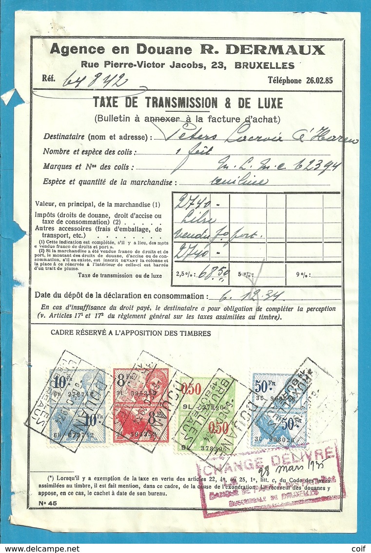 Fiscale Zegels 10 Fr + 8 Fr..TP Fiscaux / Op Dokument Douane En 1934 Taxe De Transmission Et De Luxe - Documents