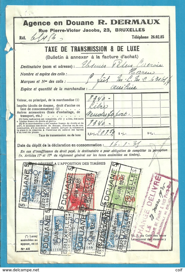 Fiscale Zegels 50 Fr + 8 Fr..TP Fiscaux / Op Dokument Douane En 1935 Taxe De Transmission Et De Luxe - Documents