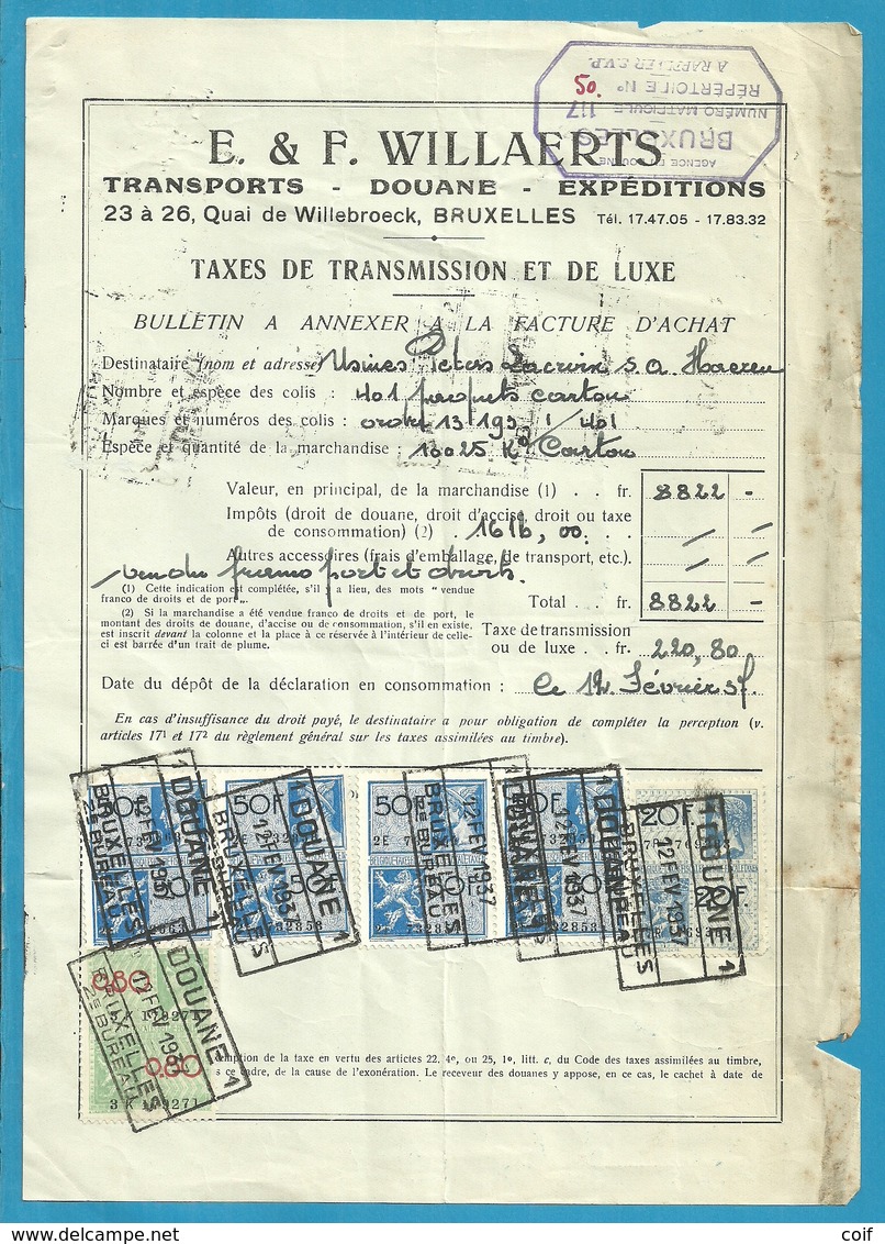 Fiscale Zegels 50 Fr + 20 Fr..TP Fiscaux / Op Dokument Douane En 1937 Taxe De Transmission Et De Luxe - Documents