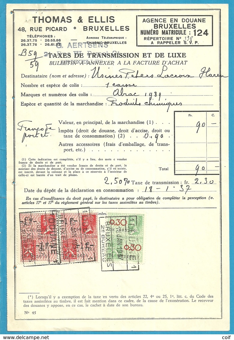 Fiscale Zegels 1 Fr + 0.30 Fr..TP Fiscaux / Op Dokument Douane En 1937 Taxe De Transmission Et De Luxe - Documents