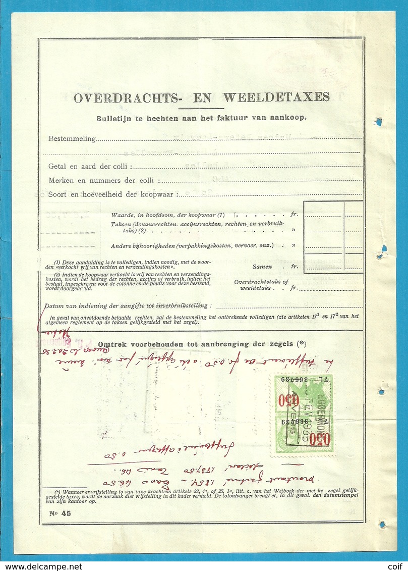 Fiscale Zegels 40 Fr + 6 Fr..TP Fiscaux / Op Dokument Douane En 1935 Taxe De Transmission Et De Luxe - Documents