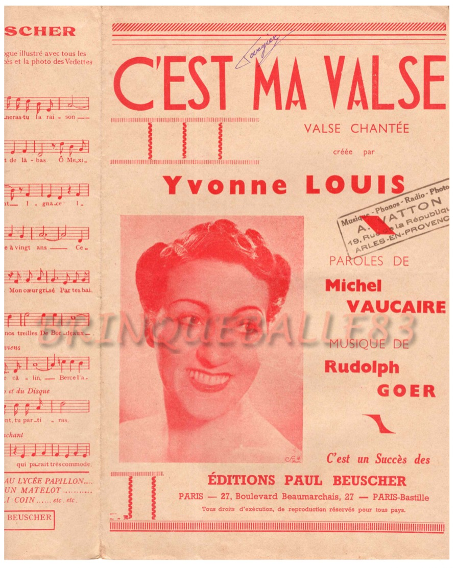 CAF CONC YVONNE LOUIS PARTITION C'EST MA VALSE MICHEL VAUCAIRE RUDOLPH GOER 1938 ACCORDÉON GUITARE - Autres & Non Classés