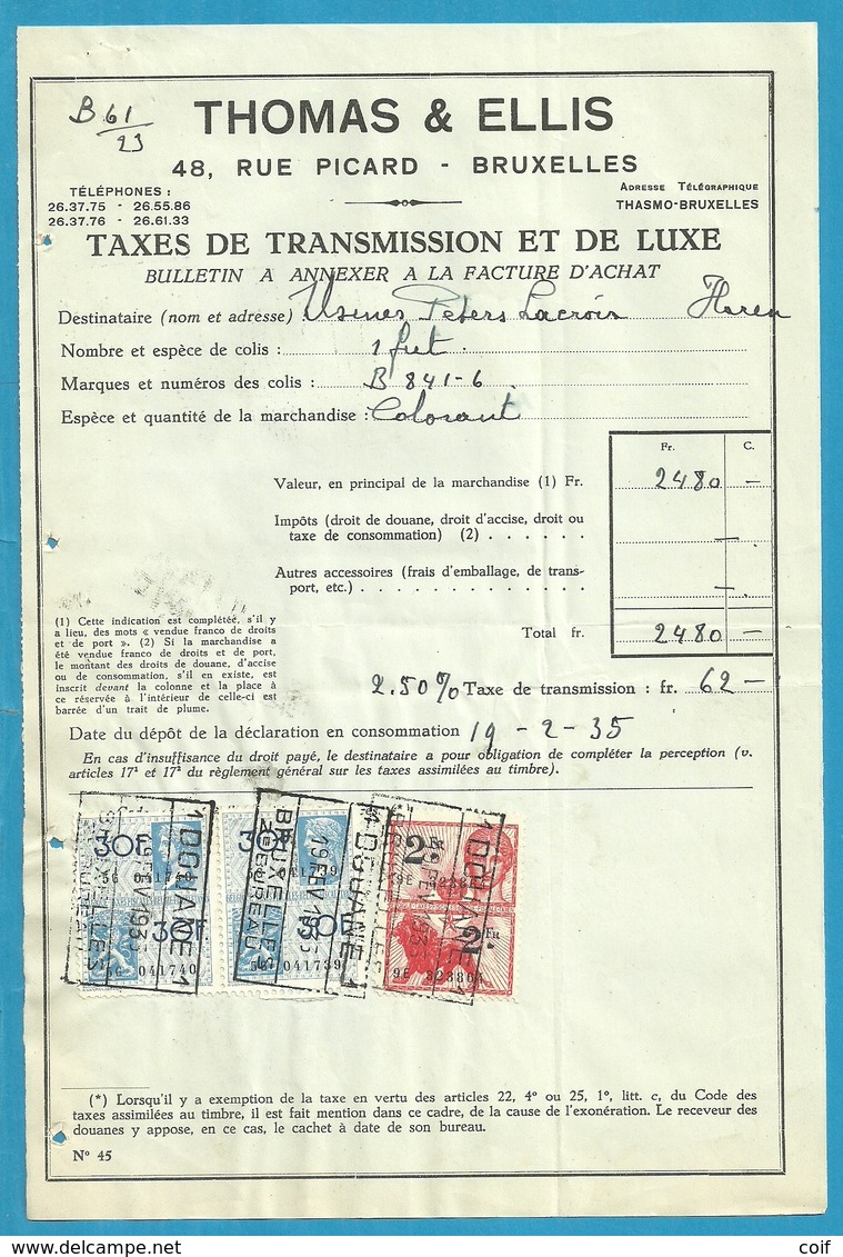 Fiscale Zegels 30 Fr + 2 Fr..TP Fiscaux / Op Dokument Douane En 1935 Taxe De Transmission Et De Luxe - Documents
