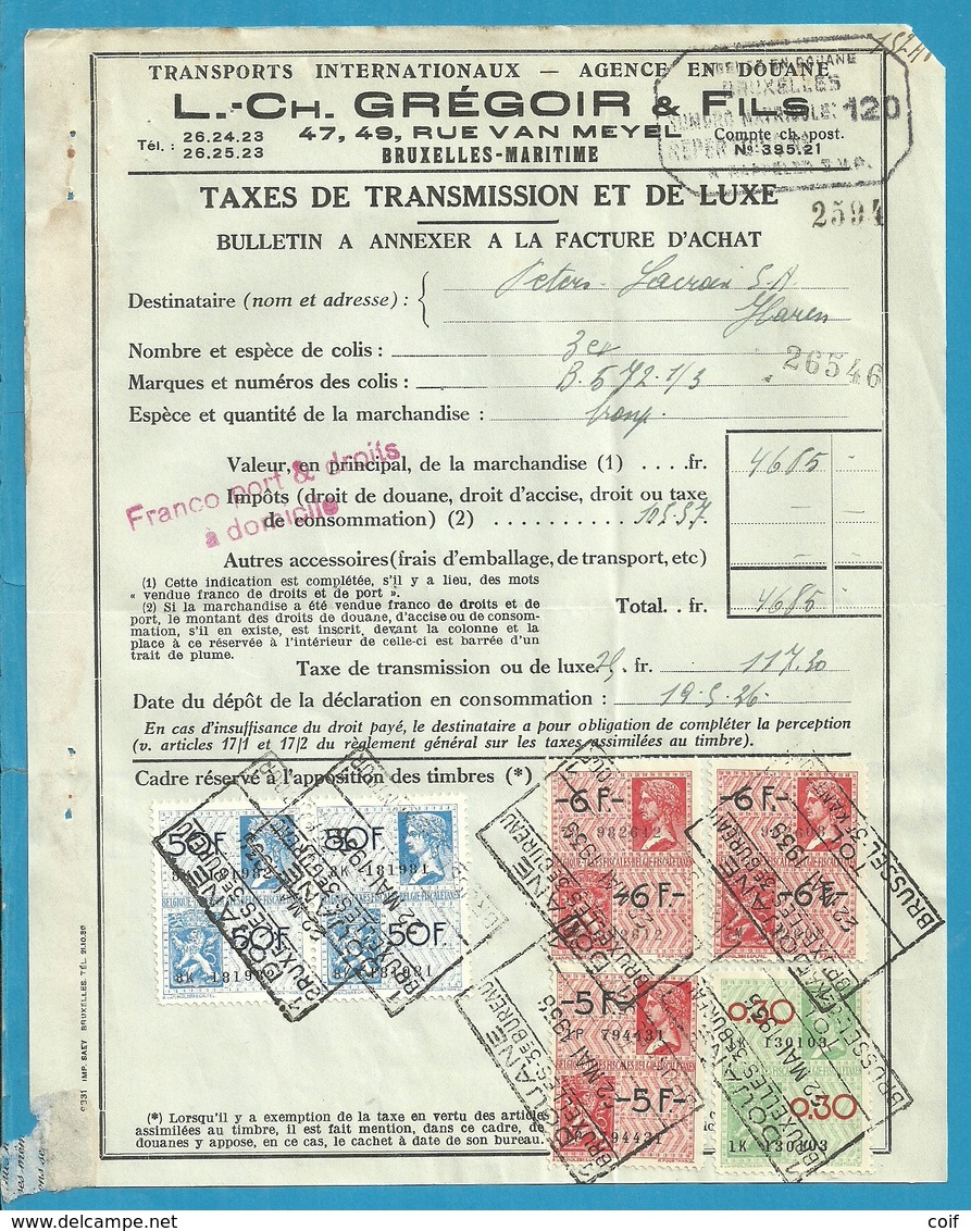 Fiscale Zegels 50 Fr + 6 Fr..TP Fiscaux / Op Dokument Douane En 1936 Taxe De Transmission Et De Luxe - Documents