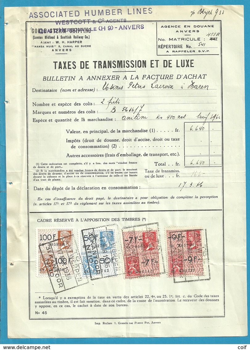 Fiscale Zegels 100 Fr + 9 Fr..TP Fiscaux / Op Dokument Douane En 1936 Taxe De Transmission Et De Luxe - Documents