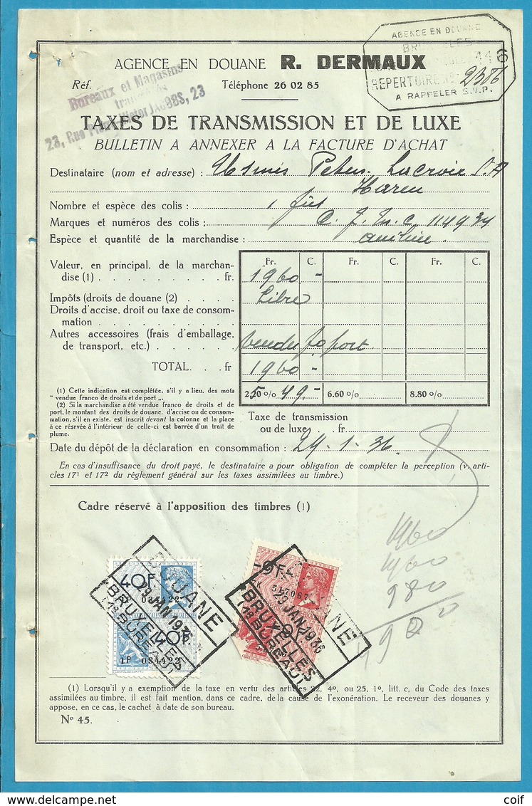 Fiscale Zegels 40 Fr + 9 Fr..TP Fiscaux / Op Dokument Douane En 1936 Taxe De Transmission Et De Luxe - Documents