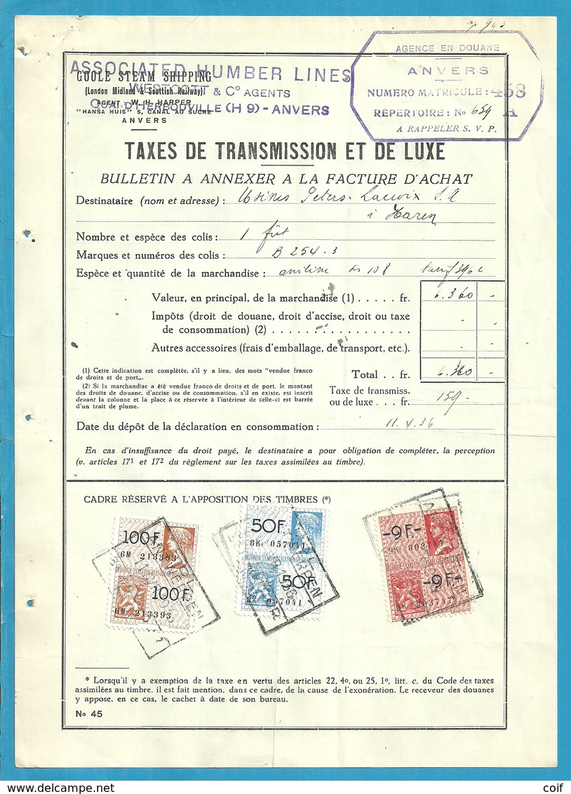 Fiscale Zegels 100 Fr + 50 Fr..TP Fiscaux / Op Dokument Douane En 1936 Taxe De Transmission Et De Luxe - Documents
