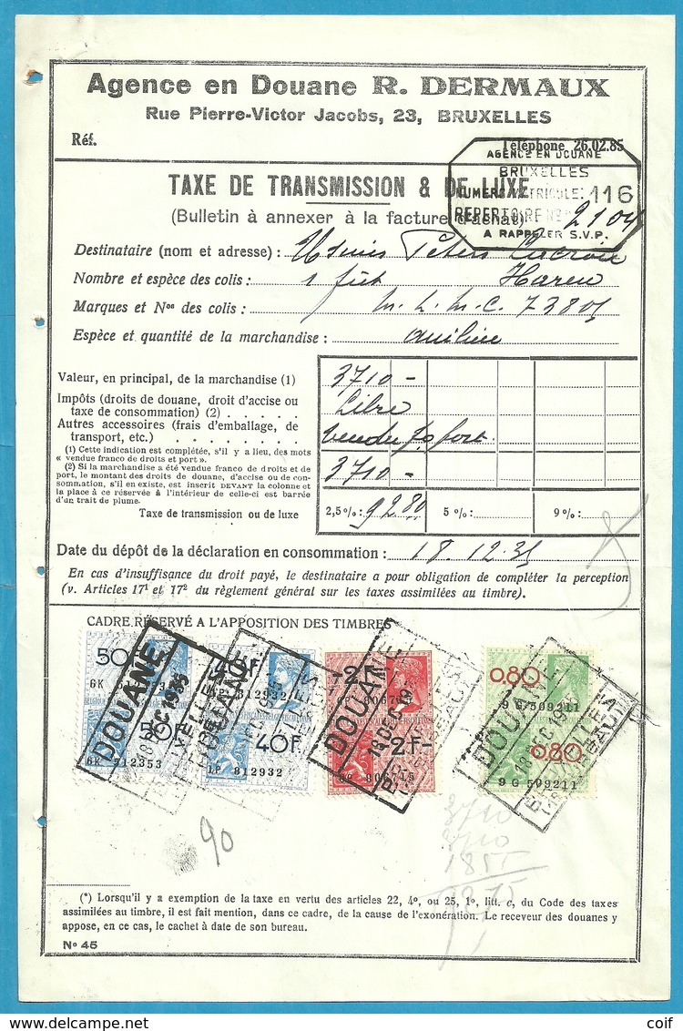 Fiscale Zegels 50 Fr + 2 Fr..TP Fiscaux / Op Dokument Douane En 1935 Taxe De Transmission Et De Luxe - Documents
