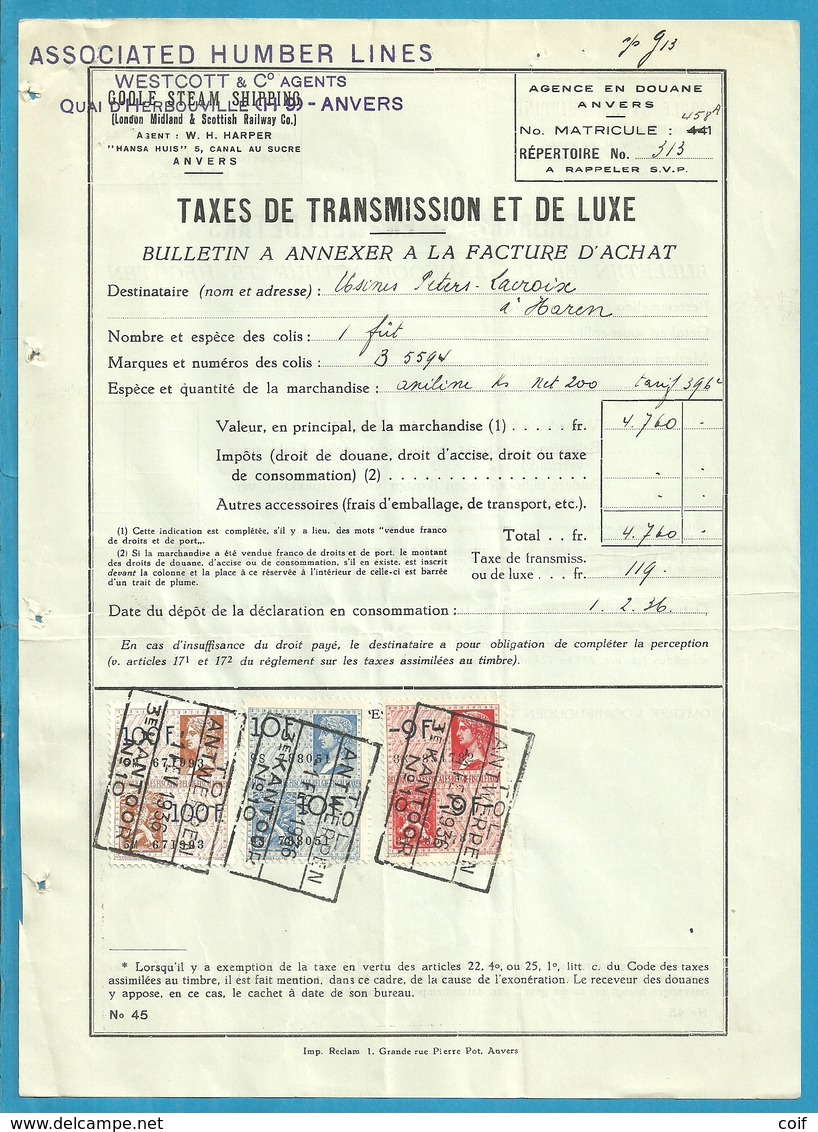 Fiscale Zegels 100 Fr + 10 Fr..TP Fiscaux / Op Dokument Douane En 1936 Taxe De Transmission Et De Luxe - Documents