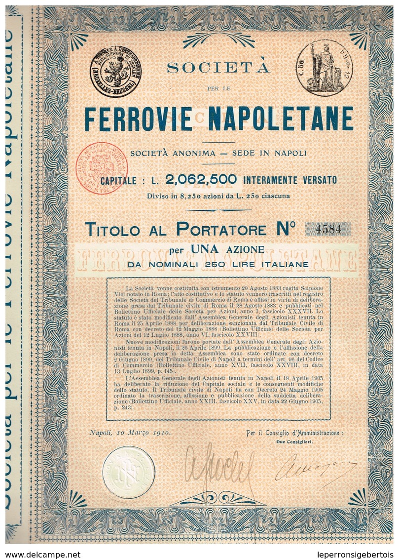 Action Ancienne - Societa Anonima Per Le Ferrovie Napoletane - Titre De 1910 - Rare - Chemin De Fer & Tramway