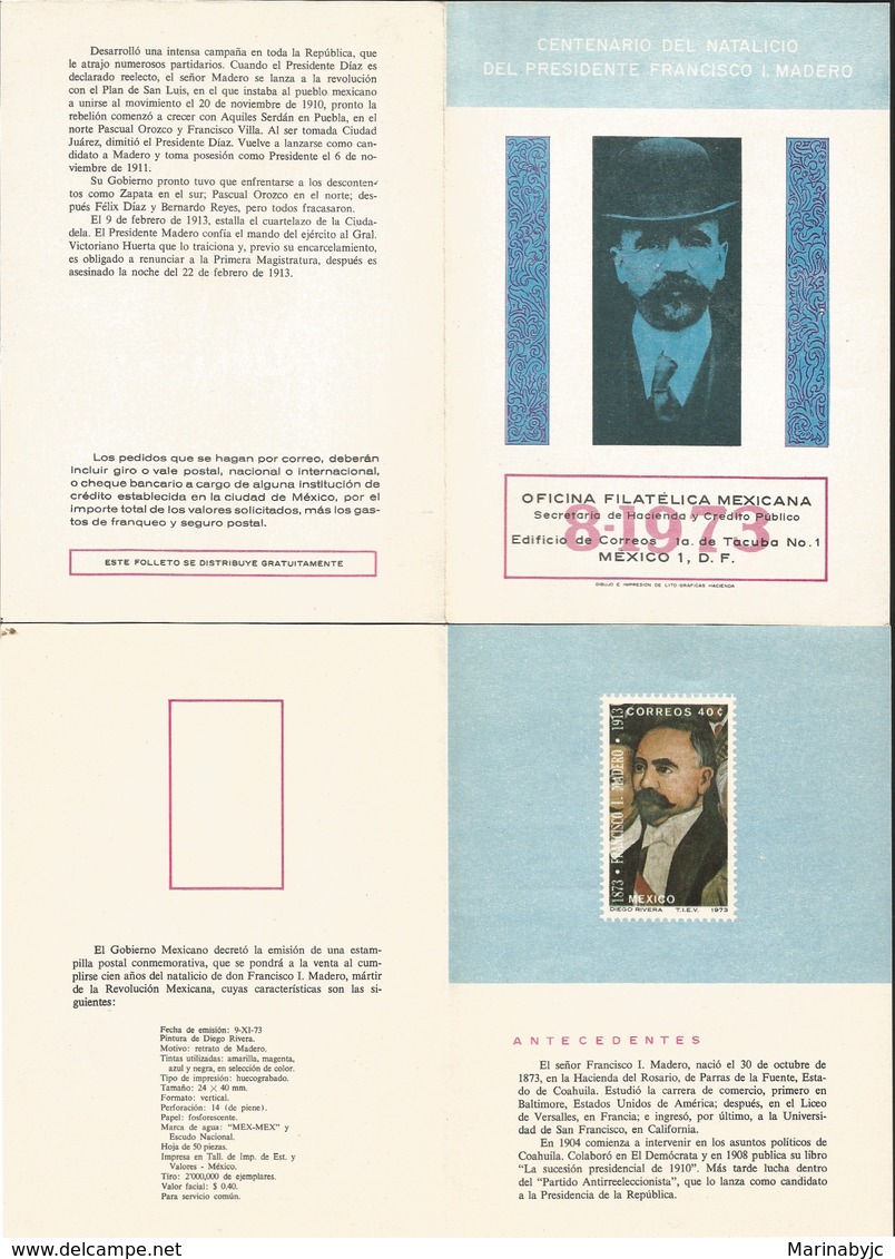 J) 1973 MEXICO, WITHOUT STAMPS, CENTENNIAL OF THE BIRTH OF PRESIDENT FRANCISCO I. MADERO, POLITICAL, FDB - Mexico