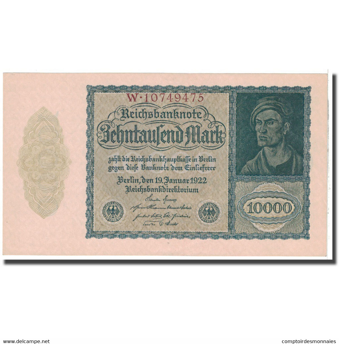 Billet, Allemagne, 10,000 Mark, 1922, 1922-01-19, KM:72, SPL - 10000 Mark