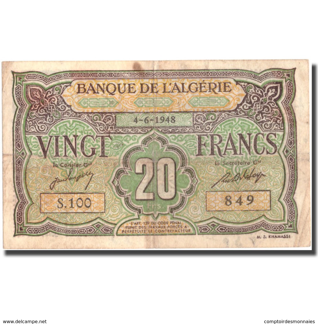 Billet, Algeria, 20 Francs, 1948, 1948-06-04, KM:103, TB+ - Algérie