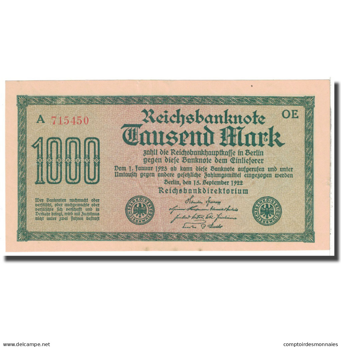 Billet, Allemagne, 1000 Mark, 1922, 1922-09-15, KM:76b, SUP - 10.000 Mark