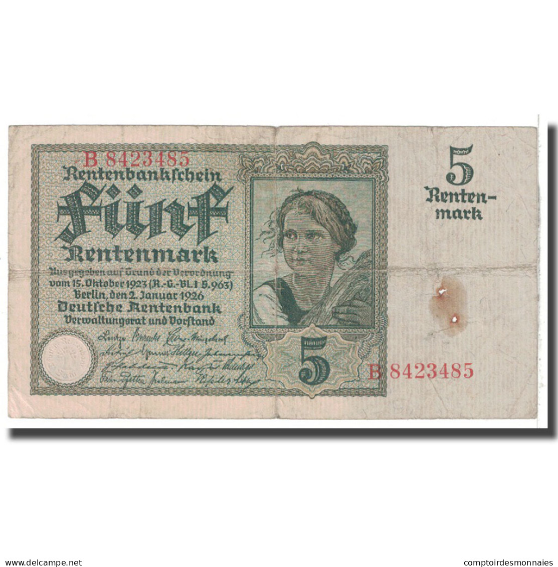 Billet, Allemagne, 5 Rentenmark, 1926, 1926-01-02, KM:169, TB - 5 Rentenmark