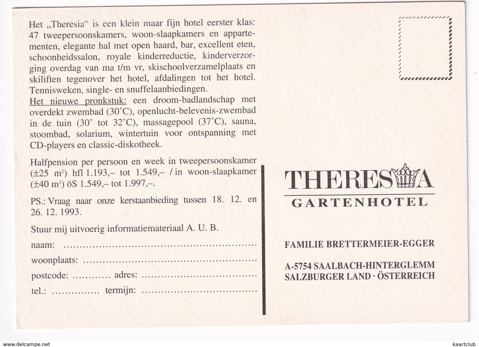 Saalbach-Hinterglemm - Theresia-Gartenhotel - (Werbekarte 1993) - Saalbach
