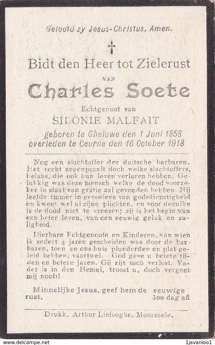 Geluwe, Kuurne, 1918, Charles Soete, Malfait - Devotion Images