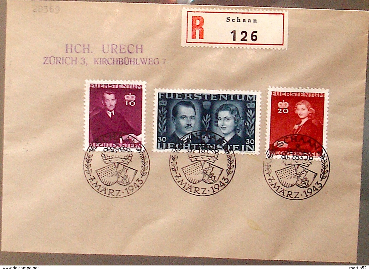 Liechtenstein 1943: Fürstenhochzeit Zu 175-177 Mi 211-213 Yv 186-188 R-Brief Mit O SCHAAN 7.MÄRZ 1943 (Zu CHF 10.00) - Lettres & Documents