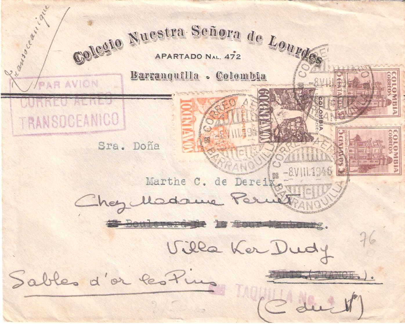 Lettre De BARRANQUILLA Pour LES SABLES D'OR Avec Cachet PAR AVION CORREO AERO TRANSOCEANICO - Colombie