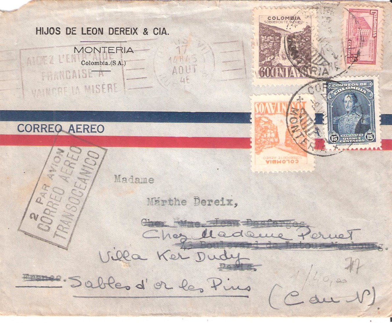 Lettre De MONTERIA Pour LES SABLES D'OR Avec Cachet 2 PAR AVION CORREO AERO TRANSOCEANICO - Colombie