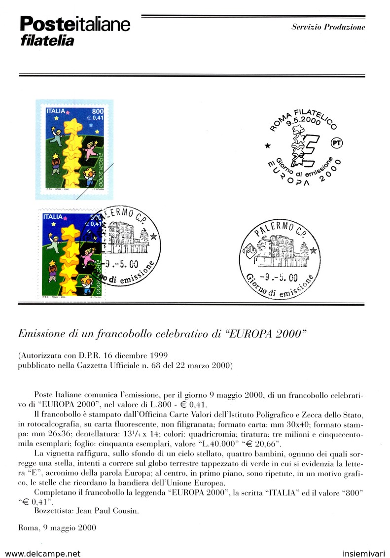 Italia 2000 BOLLETTINO ILLUSTRATIVO N.17 EUROPA 2000.CON FRANCOBOLLO ANNULLO FDC. - Altri & Non Classificati