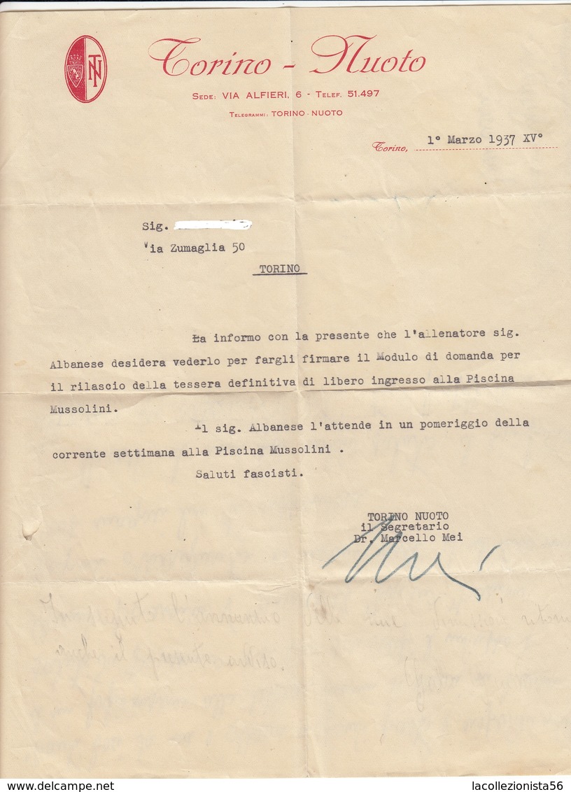 9239-BUSTA INTESTATA E LETTERA DELL'ASSOCIAZIONE "TORINO-NUOTO" - 1937 - Schwimmen