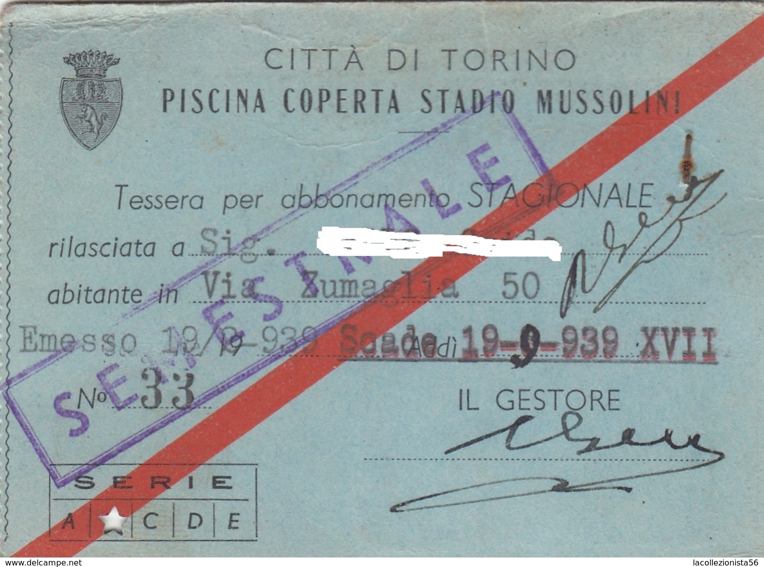 9241-TESSERA ABBONAMENTO PISCINA COPERTA STADIO MUSSOLINI-TORNO-1939 - Biglietti D'ingresso