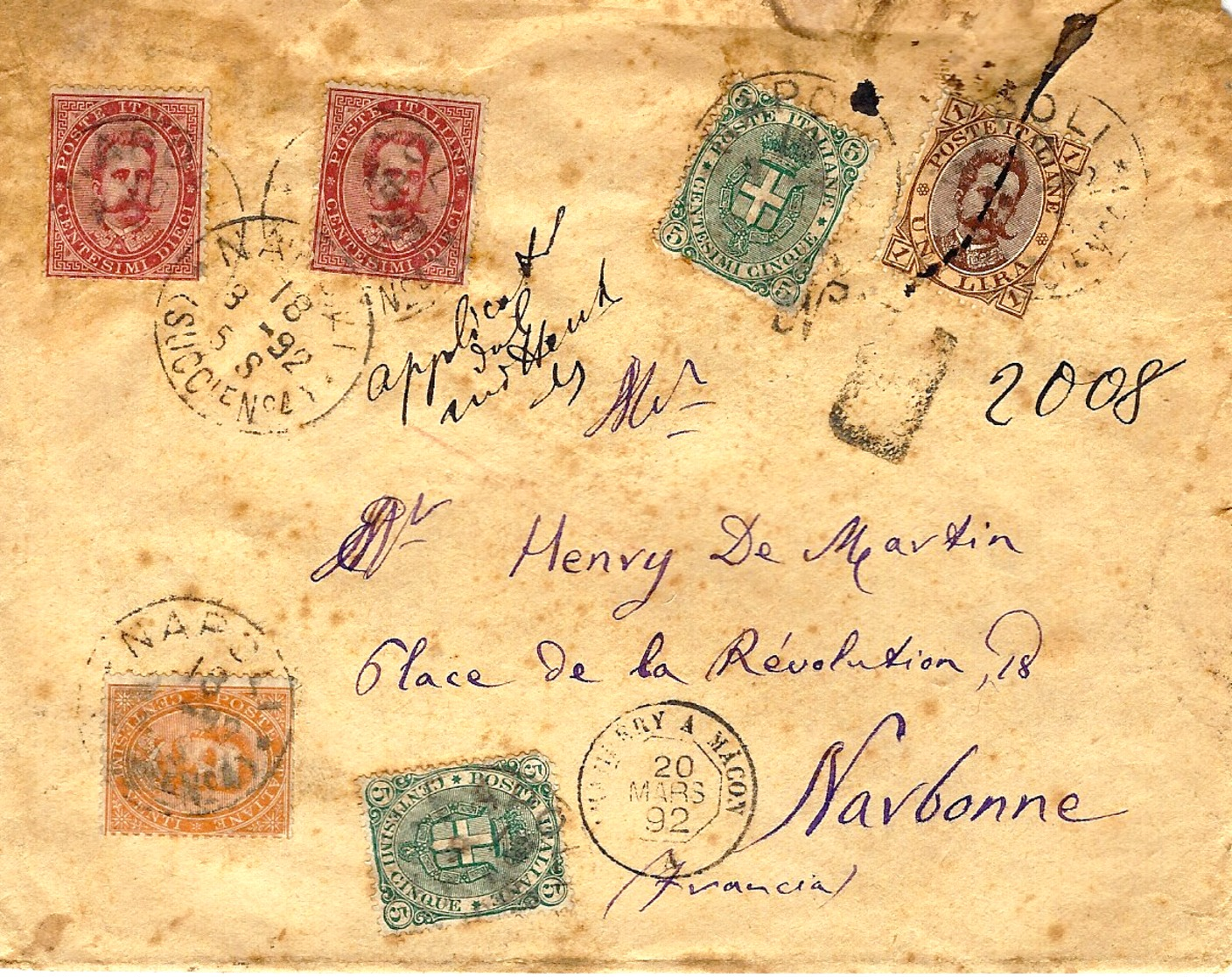 1892- Busta Di Napoli RACC. Affr. 1,50 Lit.   Per Narbonne - Storia Postale