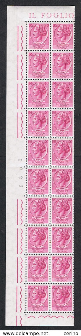 REPUBBL.  VARIETA': 1961/66  TURRITA  -  £. 40  ROSA-VIOLA  BL. 20  N. -  ST.  IV  ARABICA  -  C.E.I. 758-I - Varietà E Curiosità